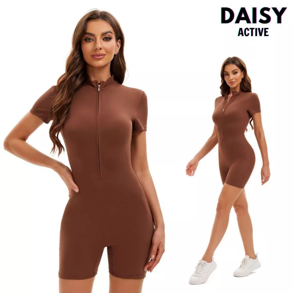 DAISY AVTIVE Đồ Jumpsuit nữ ôm body ngắn tay Vải co giãn,thoáng mát,không nhăn,khóa kéo trước dễ mặc và tạo điểm nhấn