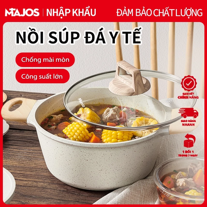 Nồi Nhật vân đá Quai Cầm Bằng Gỗ Chống Nóng Nắp Kính Sang Trọng đủ chống dính size 20,24,28cm