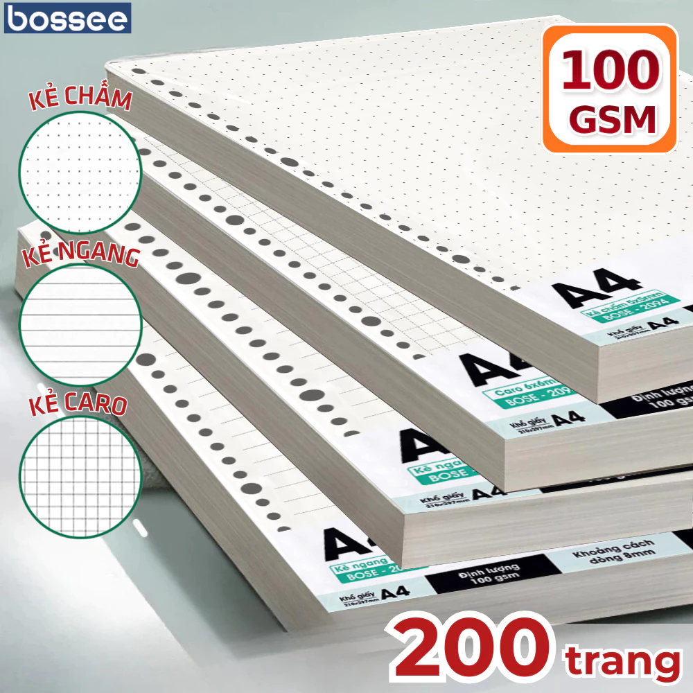 Tệp Giấy Refill Sổ Còng 200 Trang Định Lượng 100gsm Kích Cỡ A5 B5 A4 Kẻ Ngang Kẻ Vuông Kẻ Chấm