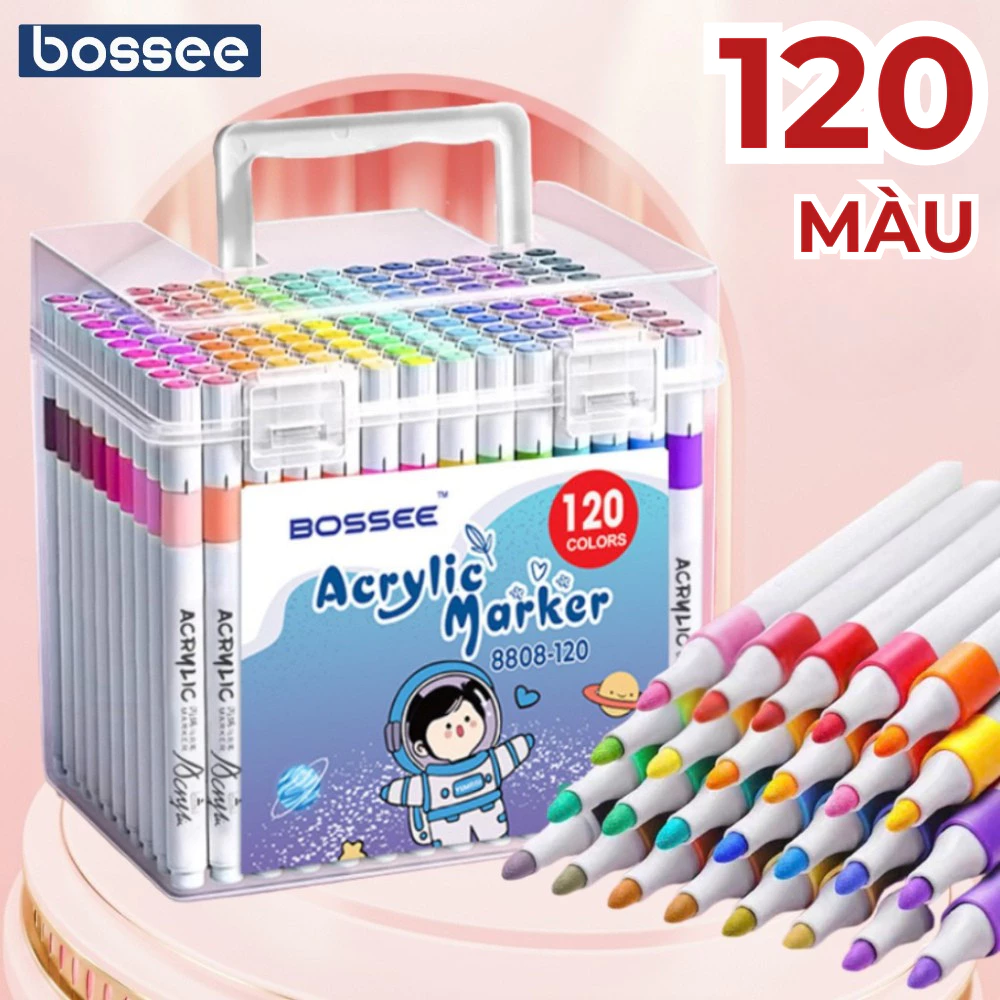 Hộp 120 Màu Acrylic Marker Bossee, Bút Acrylic Ngòi Tròn Màu Không Lem Hộp Đựng Nhựa Tiện Lợi