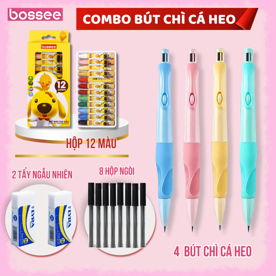 [TIẾT KIỆM] Combo 4 Bút Chì Cá Heo Bossee Có Chuốt Ngòi Tiện Lợi, 8 Lọ Ngòi Chì 2mm Kèm 2 Tẩy