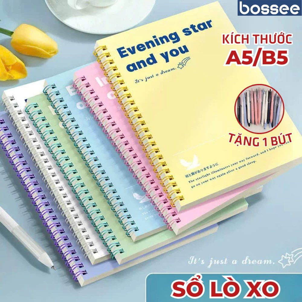 [Tặng bút] Sổ Lò Xo Bossee Kích Thước A5/B5 6 Màu Pastel, Sổ Tay 120 Trang Kẻ Ngang Lật Mở 360°