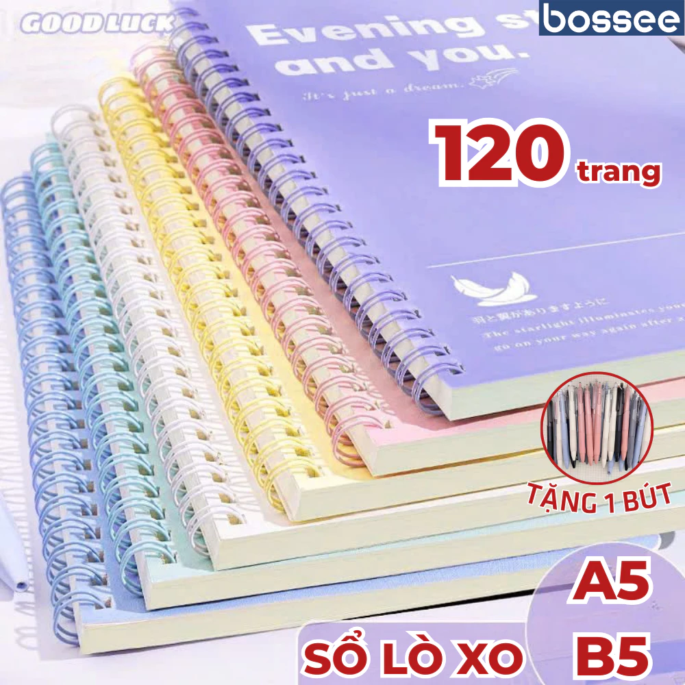 [Tặng Bút] Sổ Tay Lò Xo A5/B5 Bossee 120 Trang Kẻ Ngang 6 Màu Pastel, Vở Gáy Lò Xo Kép Mở 360 độ