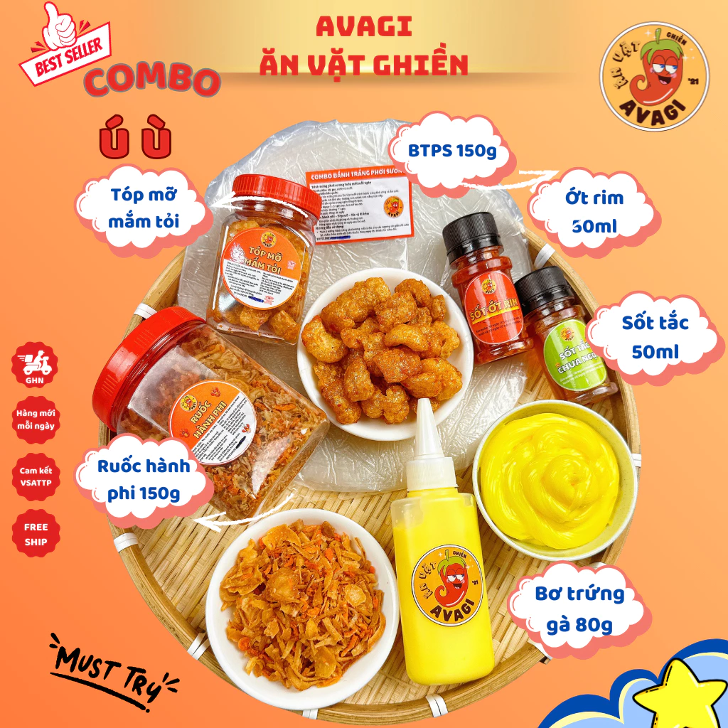 Bánh tráng Phơi Sương COMBO Ú Ù AVAGI (Bánh tráng, Tóp mỡ, túi Bơ, Ruốc hành phi, sốt tắc, ớt rim)