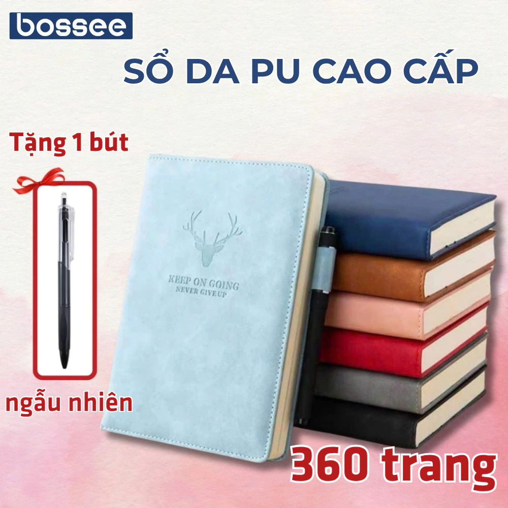 [Tặng kèm bút] Sổ Tay A5 Bìa Da PU 360 Trang Bossee ghi chép, Sổ da Cao cấp Chống nước nhiều màu