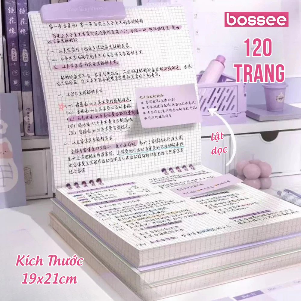 Sổ Còng Lật Dọc Bossee 120 Trang Màu Pastel, Sổ Tay Có Thể Refill Giấy Còng Khuyết Không Cấn Tay