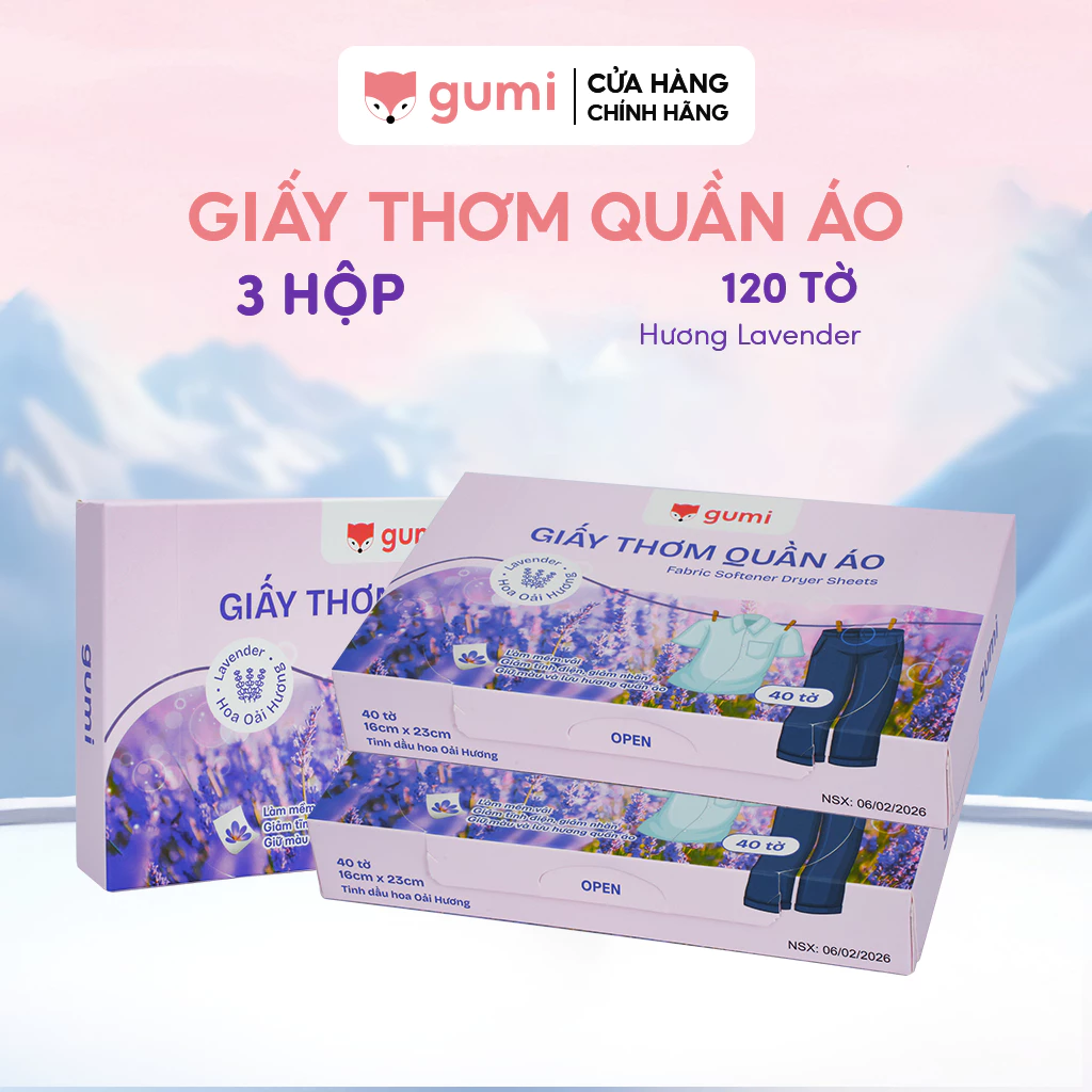 Giấy Thơm Sấy Quần Áo GUMI 40 Miếng Lavender - Khử Mùi, Lưu Hương Bền, Làm Mềm Vải, Chống Tĩnh Điện