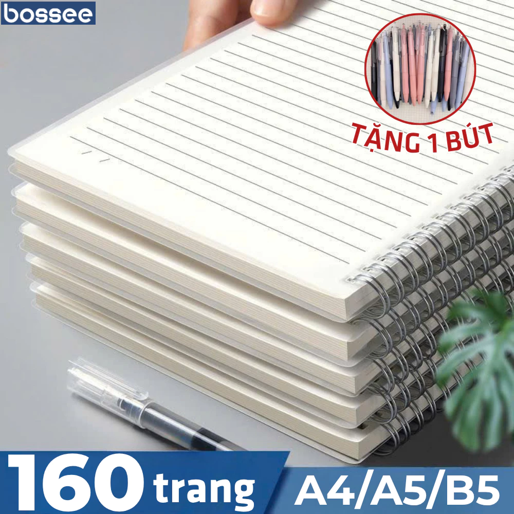 Sổ Tay Lò Xo 160 Trang Bossee Kích Thước A4/A5/B5 Bìa PP Chống Nước Chống Bụi Định Lượng 80Gsm