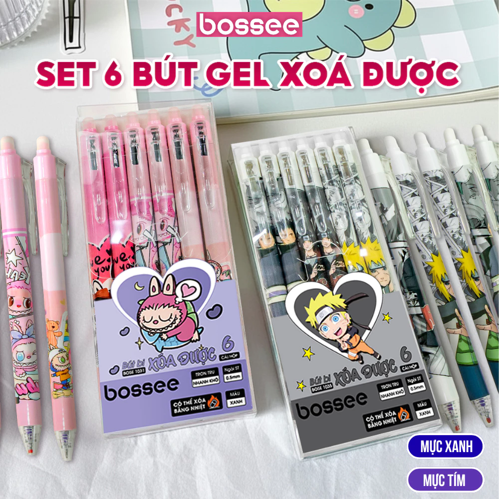 Set 6 Bút Gel Bossee Nét 0.5mm Xóa Được, Bút Viết Hoạt Hình Dễ Thương Có Đầu Tẩy Xóa Mực