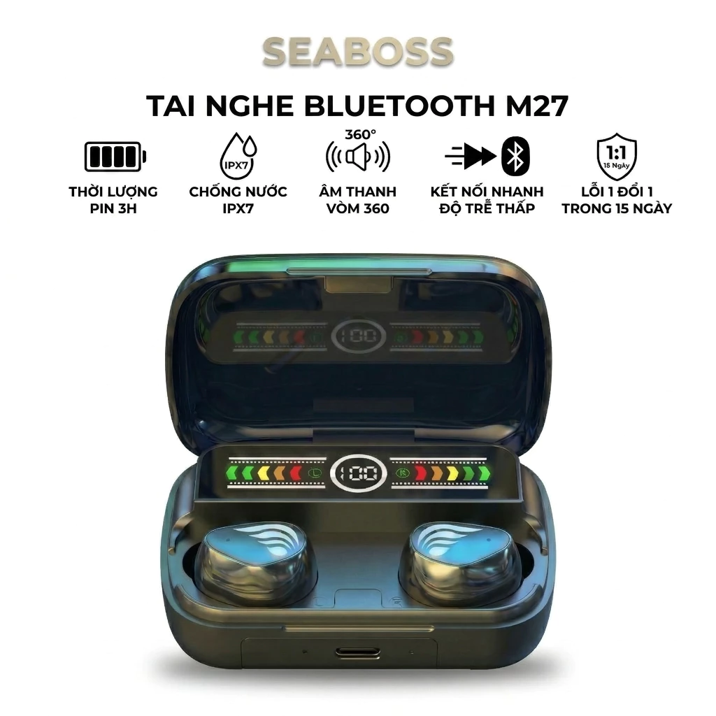 Tai nghe Bluetooth không dây Pin 3H, bass mạnh, kết nối nhanh, âm thanh vòm 360, chống ồn chủ đ