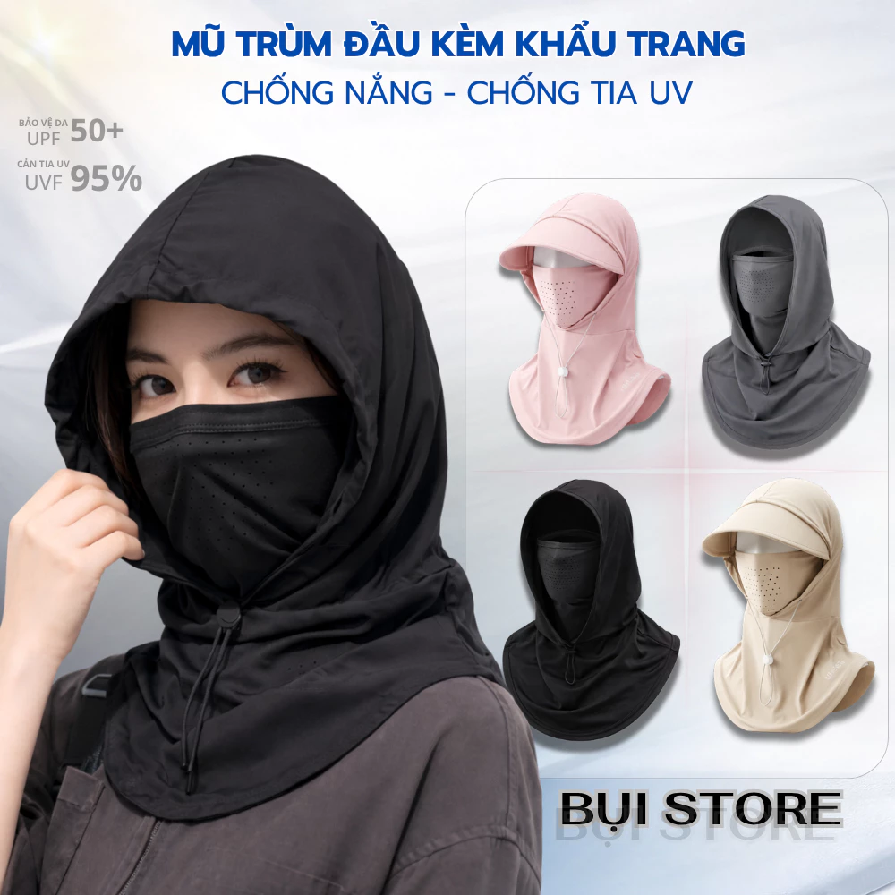 Mũ Trùm Đầu Chống Nắng Kèm Khẩu Trang Nam Nữ Đi Phượt Đi Xe Máy – Vải Thun Lạnh Thoáng Khí Co Giãn 4 Chiều Có Dây Rút