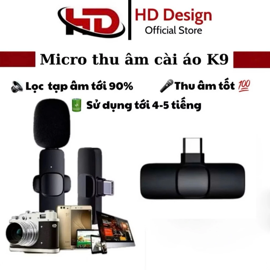 Micro thu âm không dây cài áo K9, - Khử Tiếng Ồn Cao Cấp - Khoảng Cách 15m - Chính Hãng HD DES