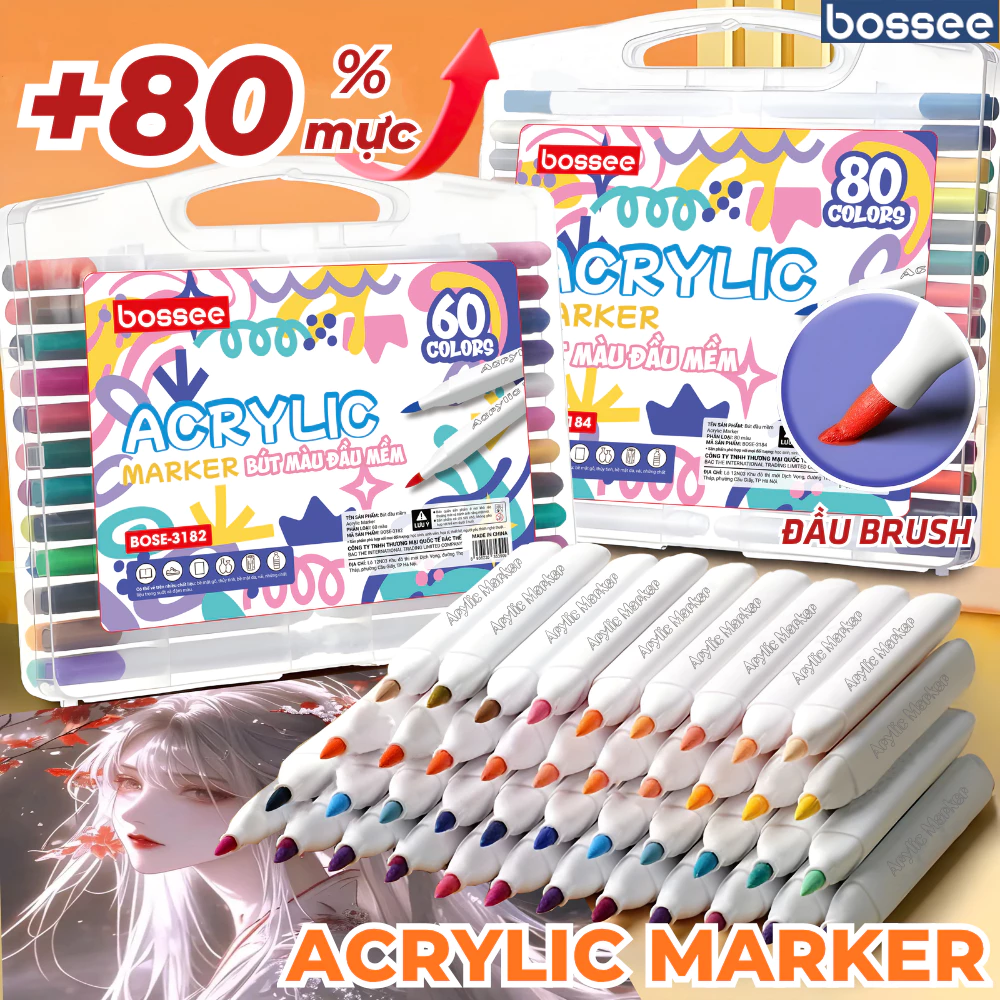 Hộp 80 Màu Acrylic Marker Bossee Ngòi Brush Hộp Nhựa Có Quai Xách Tiện Lợi, An Toàn Cho Da Dễ Lau