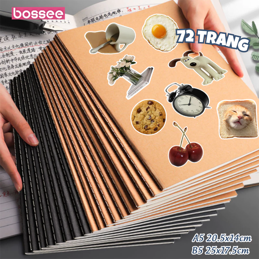 [Tặng Sticker] Set 10 Sổ Khâu Gáy Bossee A5/B5 72 Trang Bìa Kraft Nâu Đen, Giấy Kẻ Ngang/Kẻ Vuông
