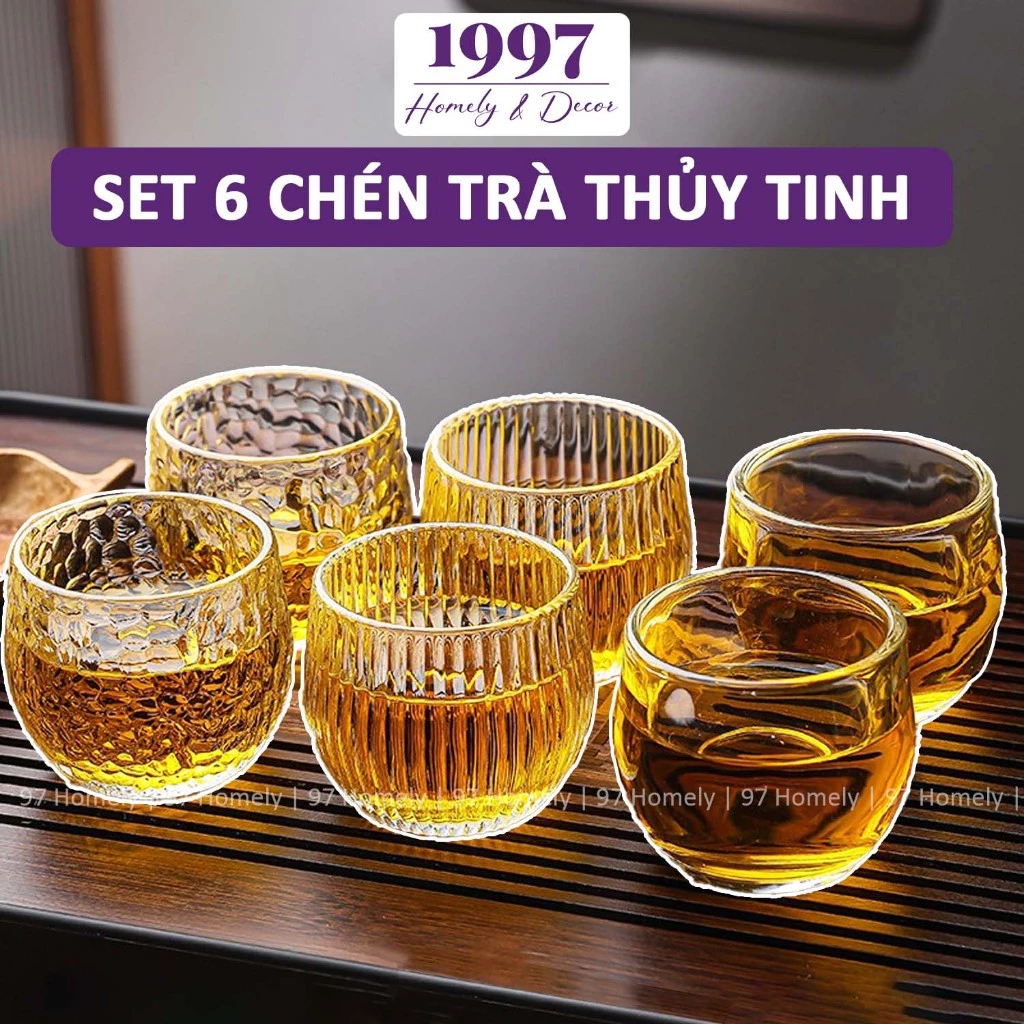 [Set 6] Chén Trà Thủy Tinh Nhiều Họa Tiết Sang Trọng Uống Trà Tiếp Khách 97HOMELY DT250900101