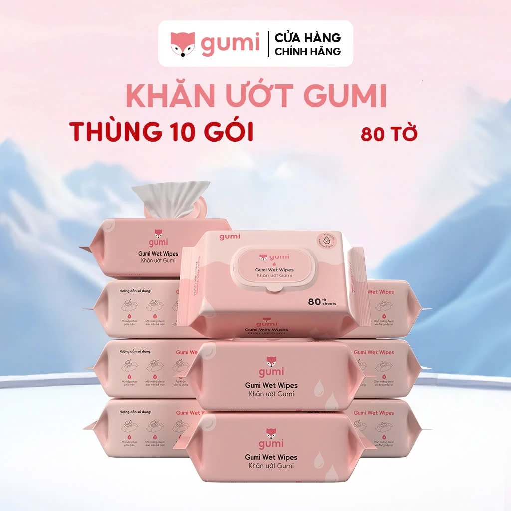 Thùng 10 gói khăn uớt 80 tờ Gumi không cồn không parabens cao cấp dành cho em bé
