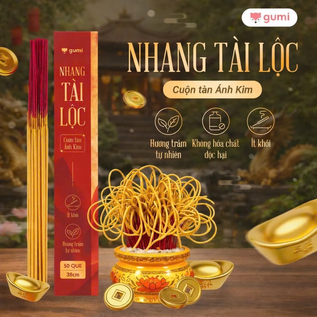 Nhang Tài Lộc Cuộn Tàn GUMI 50 Que – Ánh Kim Cao Cấp, Rễ Bài & Keo Bời Lời, An Toàn