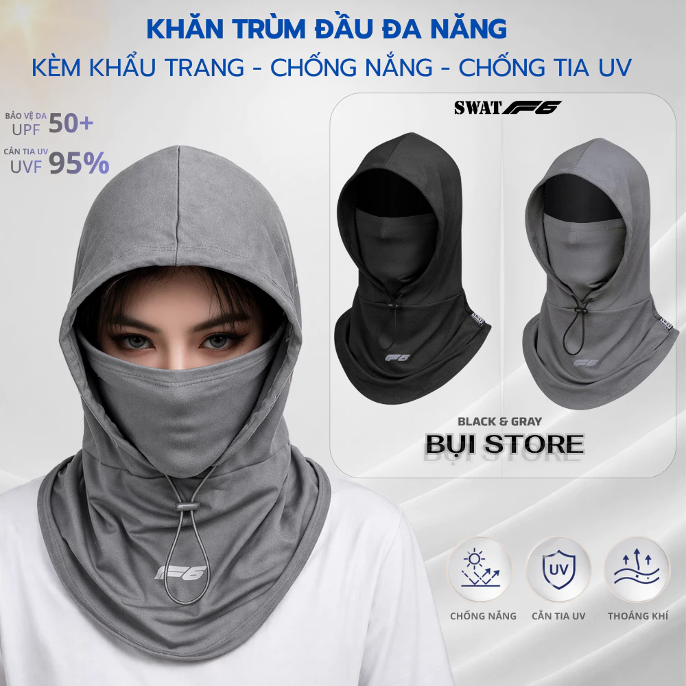 Mũ Trùm Đầu SWAT F6 Đa Năng, Chống Bụi UV, Khẩu Trang 3in1 Vải Cao Cấp Thoáng Khí, Dây Rút Chống Bay Khi Đi Xe Đi Phượt