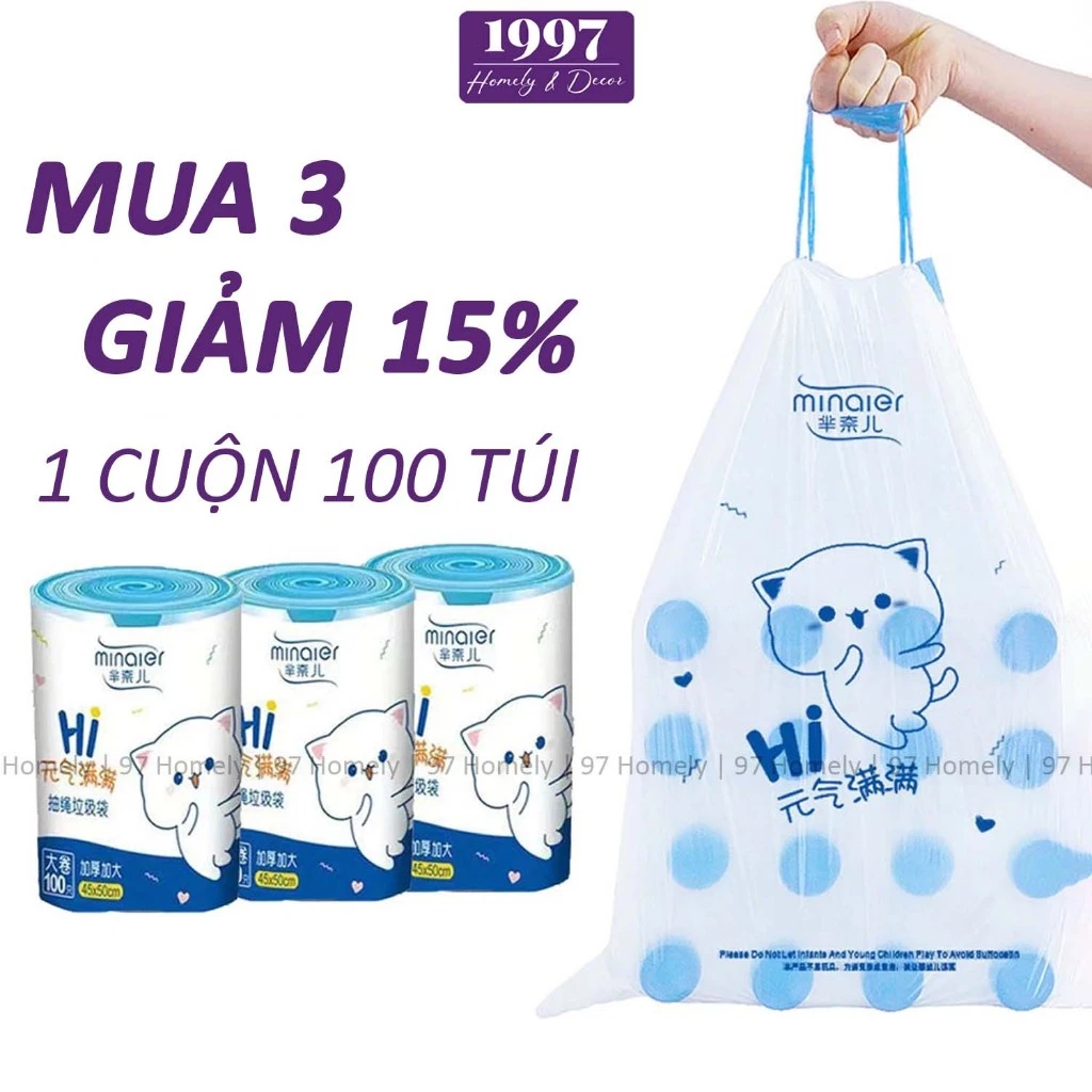 Túi Rác Có Quai Mèo Trắng 97HOMELY Túi Rác Tự Phân Hủy Rút Kín Mùi Chống Rỉ Cuộn 100 Túi DT241101801