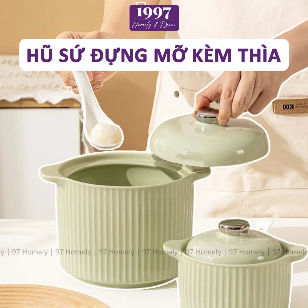 Hũ Đựng Mỡ Bằng Sứ Cao Cấp Tặng Kèm Thìa Họa Tiết Vân Dọc Nhiều Dung Tích 97HOMELY DT250501201