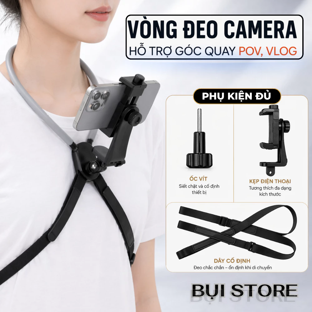 Dây Đeo Vòng Cổ Gắn Điện Thoại, Camera Hành Trình Xoay 360 Kèm Dây Đai Cố Định Chắc Chắn, Chống Rung Quay Video, Vlog
