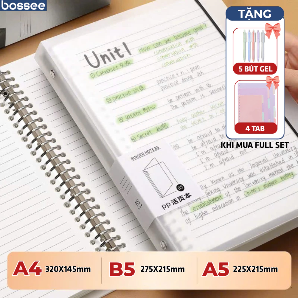 [Tặng 5 bút] Sổ Còng Sắt Bossee Bìa Binder 20/26/30 Lỗ Kích Thước A4/A5/B5 Có Tab Phân Trang