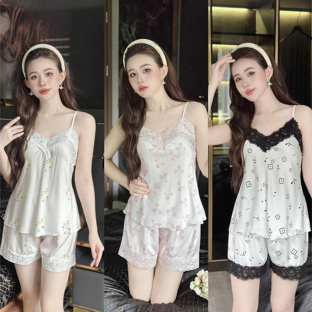 Đồ Bộ Mặc Nhà Hai Dây Quần Đùi Lụa Satin in 3D Hisexy MS73