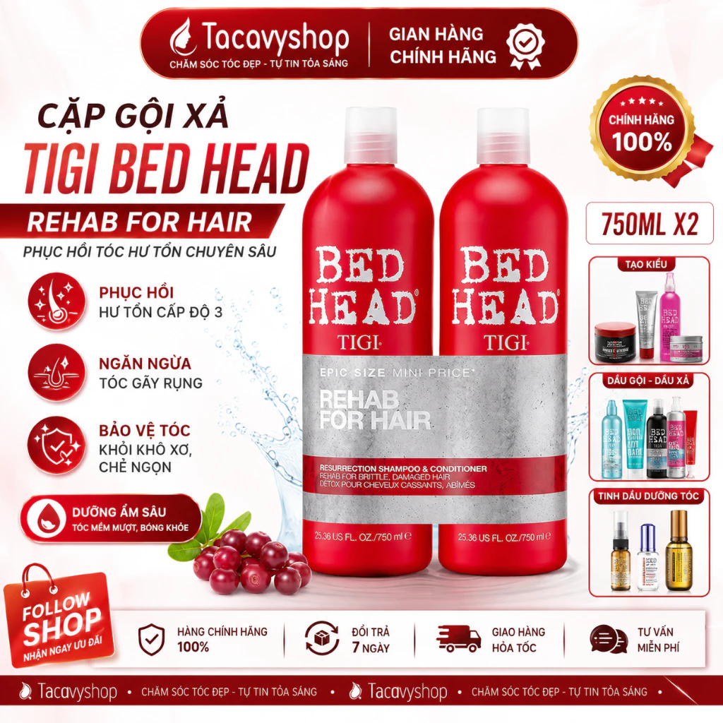Cặp Gội Xả TIGI Đỏ Bed Head Chính Hãng Dầu Gội Tái Sinh Phục Hồi Tóc Hư Tổn Khô Xơ Gãy Rụng Mềm Mượt