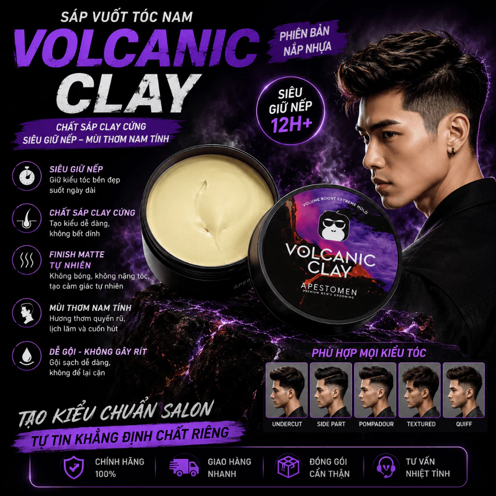 Sáp Vuốt Tóc Volcanic Clay 80g Hàng Loại 1 Phiên Bản Nắp Nhựa, Wax Vuốt Tóc Giữ Nếp Lâu Chuẩn Salon