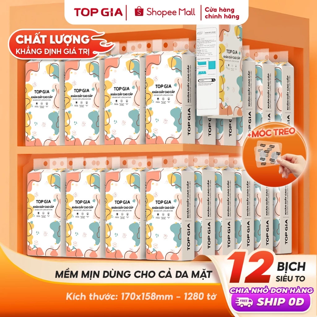[SIÊU TO, CAO CẤP] Giấy vệ sinh treo tường TopGia thùng 10 12 8 6 bịch đa sắc, combo tiết kiệm 1280 tờ