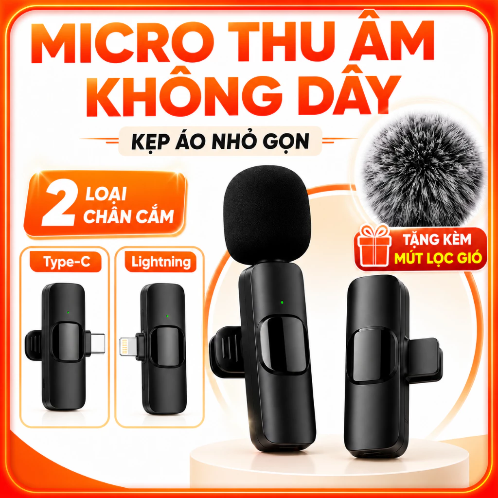 Mic Thu Âm Không Dây K9 Cao Cấp Cài Áo, Micro Lavalier Mini Chống Ồn, Thu Âm Rõ Cho TikTok Live