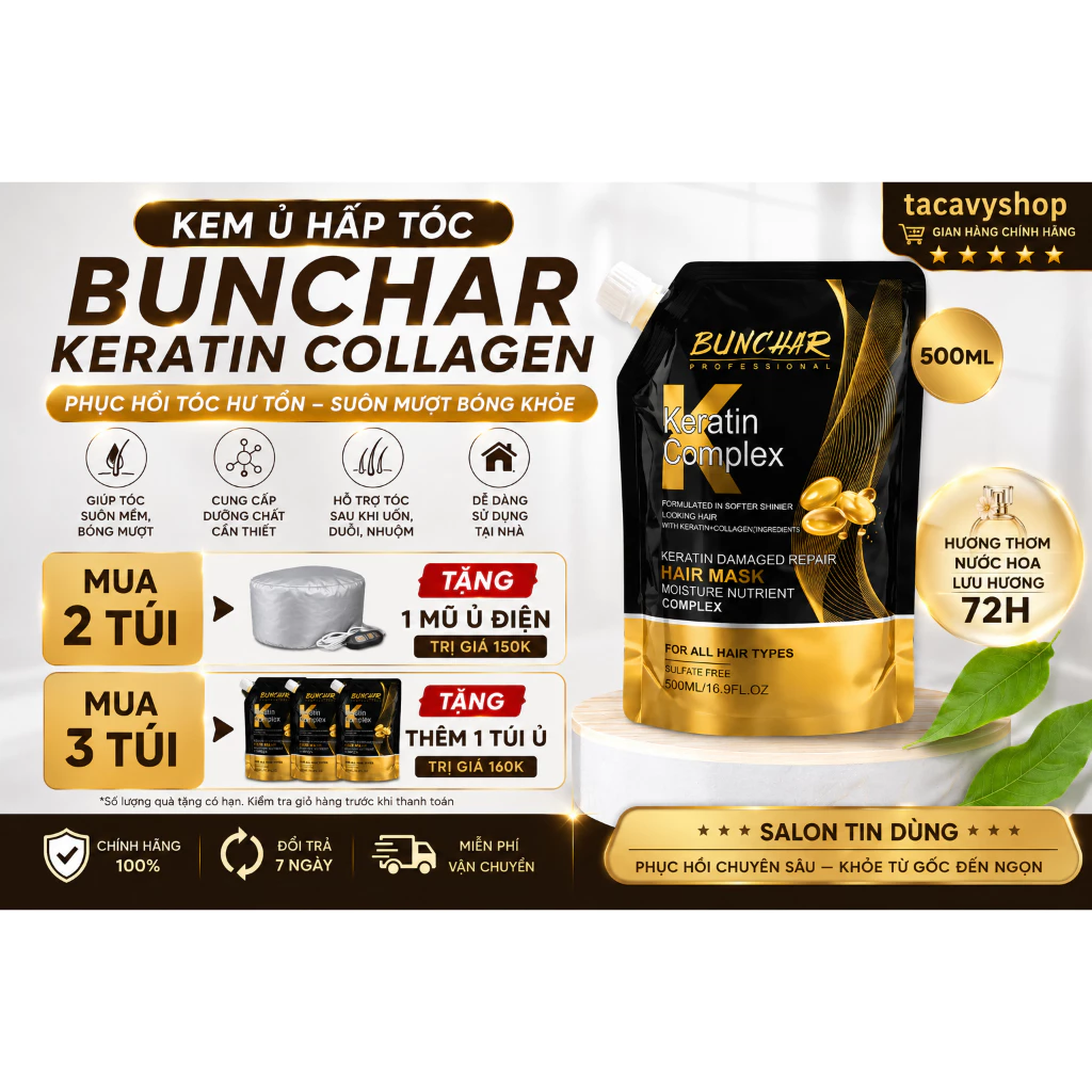 Kem Ủ Tóc Bunchar Keratin Collagen 500ml Phục Hồi Hư Tổn Giúp Tóc Suôn Mượt Bóng Khỏe Lưu Hương 72H