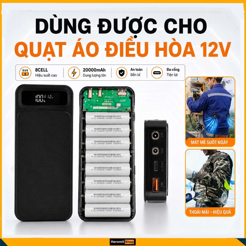 Box sạc áo điều hòa 12V , vỏ sạc dự phòng 6 cell 8 cell điện áp ra 5-12VDC