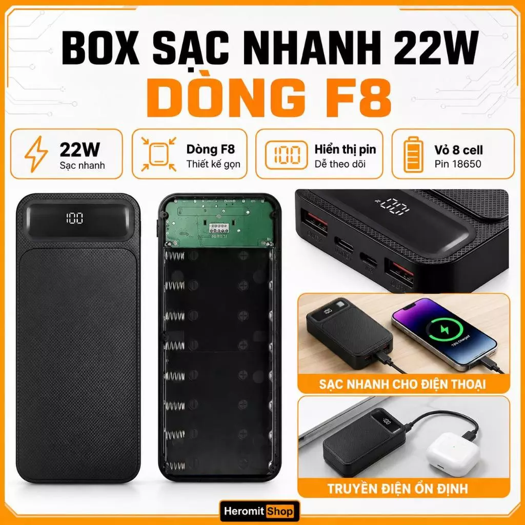 Box sạc dự phòng nhanh , box sạc 8 cell 18650 sạc nhanh 22W dòng F8
