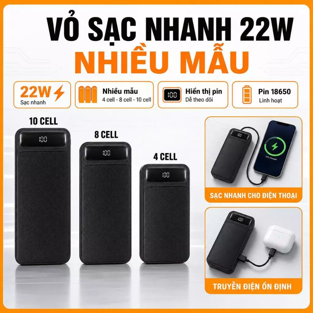 Box sạc dự phòng , vỏ sạc dự phòng  4cell , 8cell ,10cell 18650 , box sạc nhanh 22W ( chưa kèm pin ) dòng F