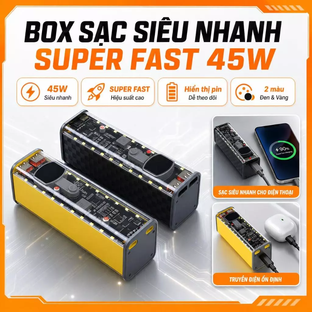 Box Sạc Dự Phòng Super Fast 45W Không Cần Hàn,Vỏ Sạc Dự Phòng Siêu Nhanh Tự Lắp Pin
