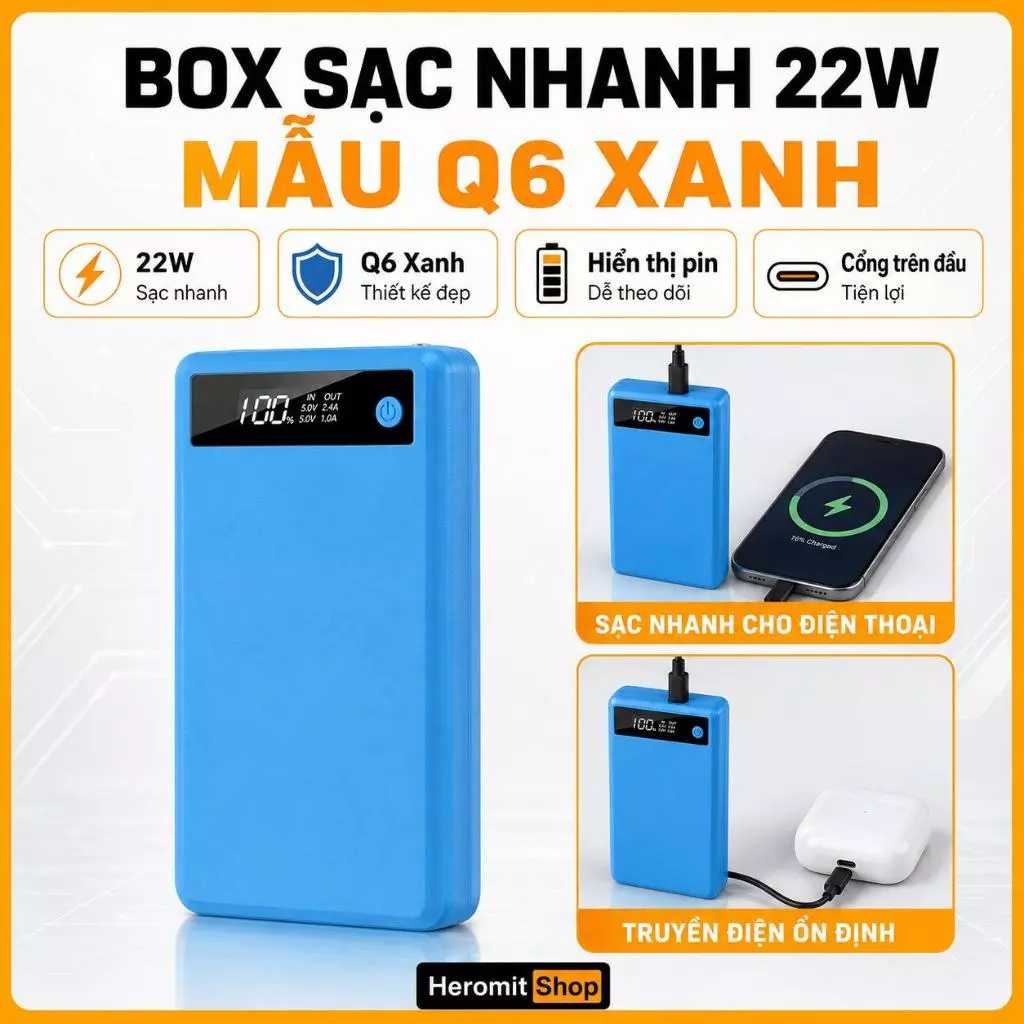 Box sạc dự phòng Xanh 6 Cell , có hỗ trợ sạc nhanh Q6 ( chưa kèm pin )