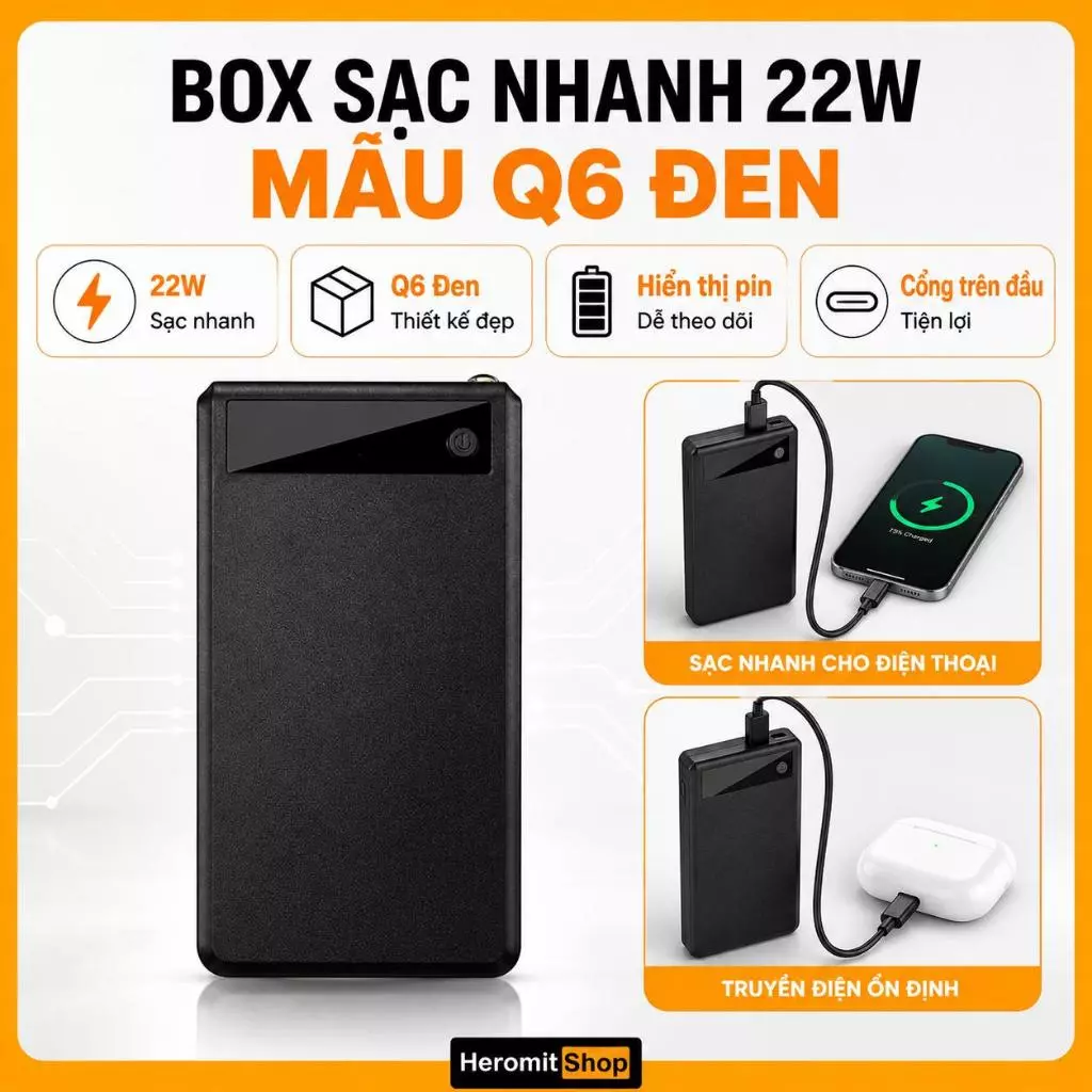 Box sạc , vỏ sạc dự phòng Đen 6 cell , có hỗ trợ sạc nhanh Q6