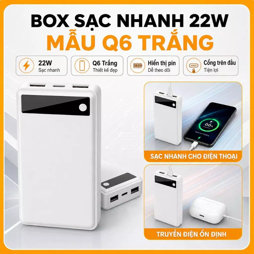 Box sạc , vỏ sạc dự phòng Trắng 6 Cell , có hỗ trợ sạc nhanh Q6