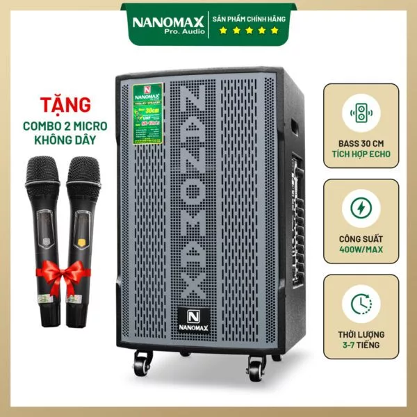 Loa Kéo Karaoke Nanomax SK-12X5 400W Bass 30cm | Loa Có Reverb | Tặng Kèm 2 Micro UHF