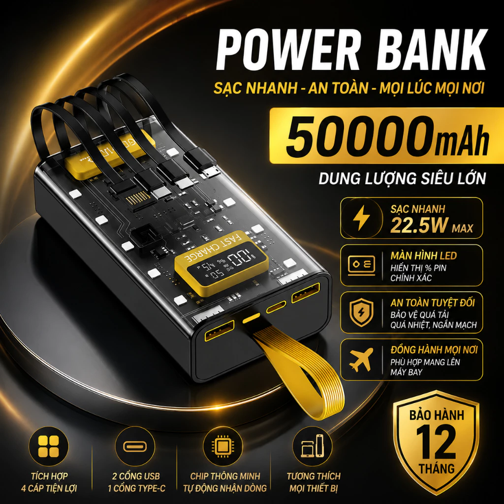 Sạc Dựng Phòng Trong Suốt 30000mAh Với 2 Cổng Sạc Nhanh 22.5w và PD 20W Kèm 4 Đầu Sạc Màn Hình LED