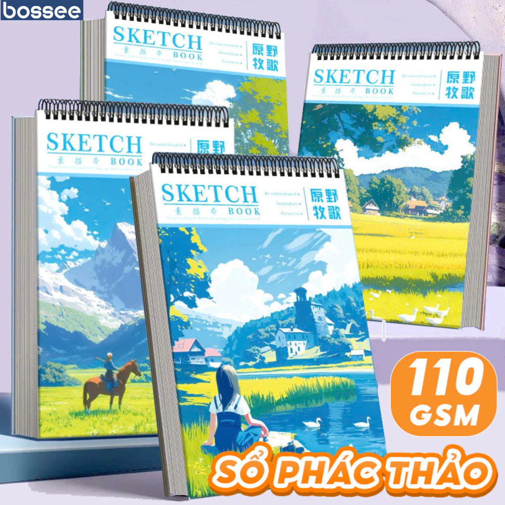 Sổ Phác Thảo Bossee A4-60 Trang Định Lượng Giấy 110 Gsm, Sổ Vẽ Tranh Gáy Lò Xo Kép Lật 360° Tiện Lợi