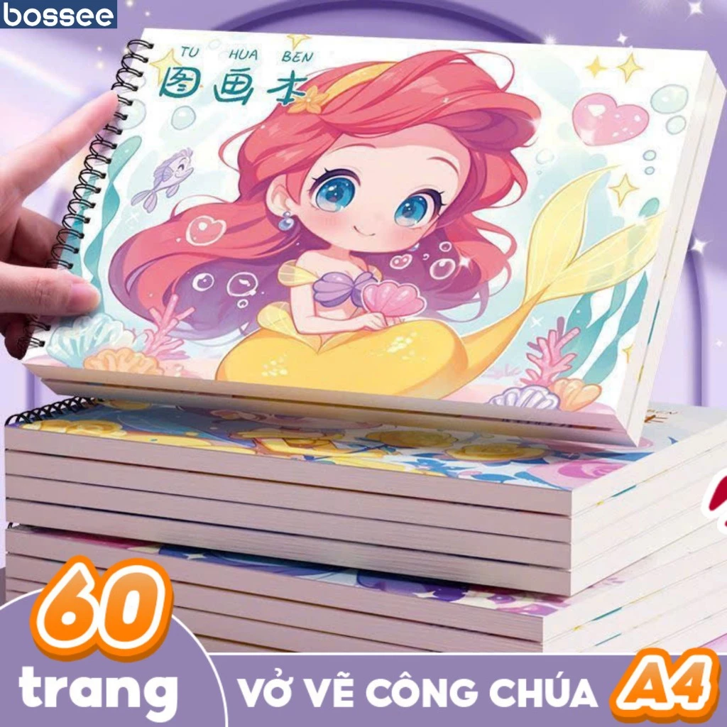 Vở Vẽ Công Chúa Cổ Tích A4-60 Trang Bossee, Sổ Phác Thảo Gáy Lò Xo Kép Tặng Kèm Sticker Trang Trí
