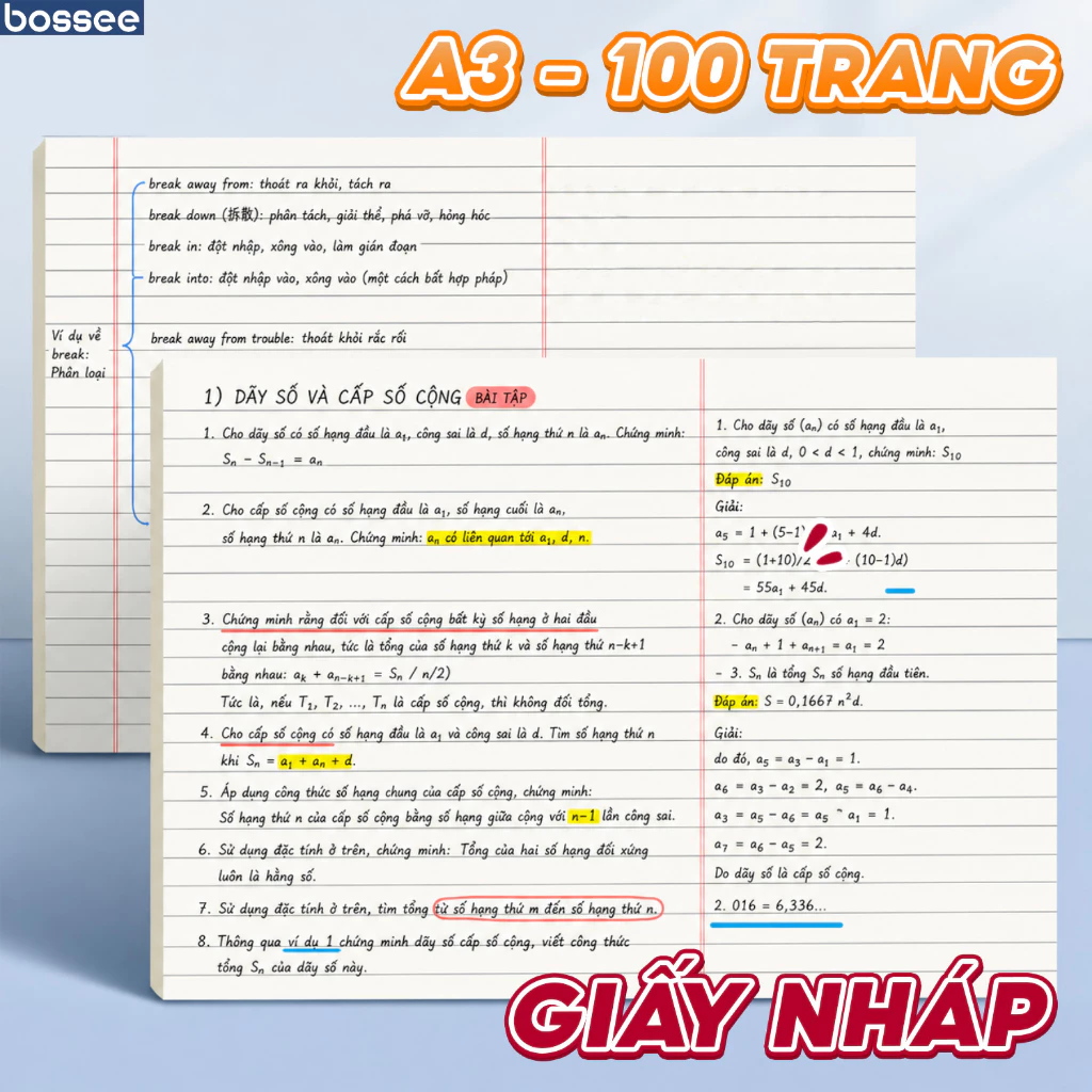 Giấy Nháp A3-100 Trang Bossee Giấy Kẻ Ngang/Kẻ Caro,Bản Thảo Phân Vùng Pison Không Bìa
