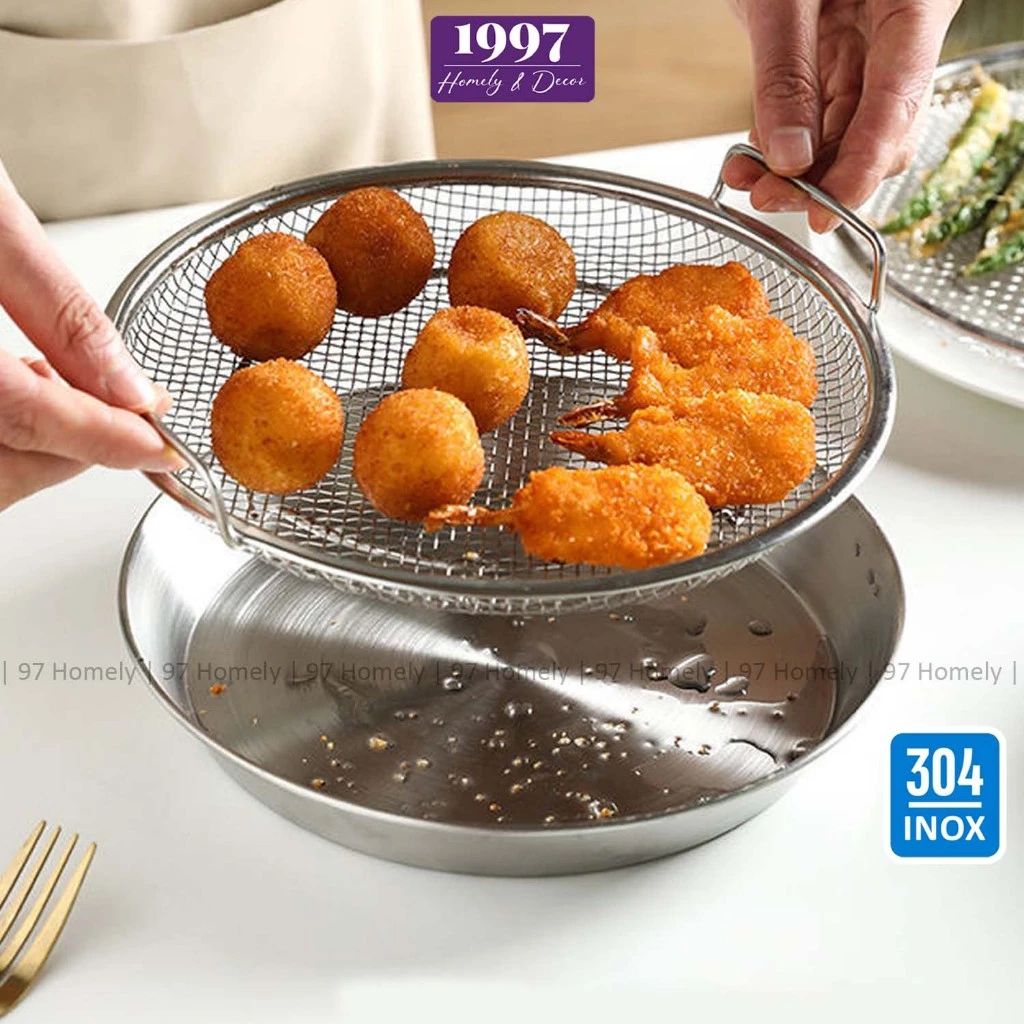 Khay Kèm Vỉ Ráo Dầu Hình Tròn Inox 304 Nhiều Kích Cỡ Dùng Nồi Chiên Không Dầu 97HOMELY DT250400101