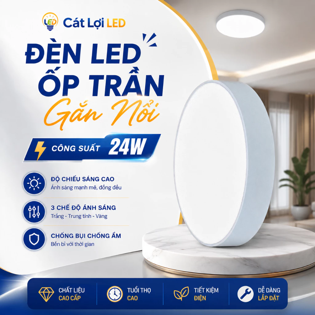 Đèn LED Ốp Nổi Trần Tròn 24W Viền Trắng 3 Màu