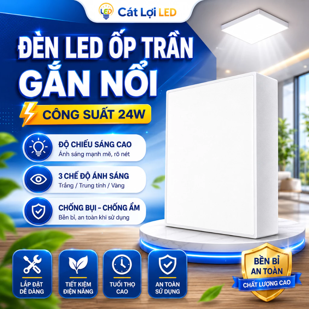 Đèn Ốp Trần LED Gắn Nổi Vuông Trần Viền 24W 3 Chế Độ Màu