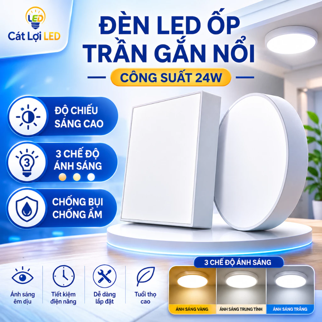 Combo 3 Đèn LED Ốp Trần Tràn Viền Cao Cấp 24W