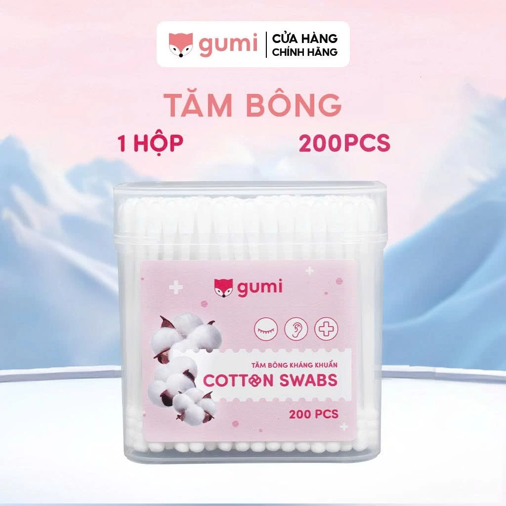 Hộp 200 Chiếc Tăm Bông Ngoáy Tai Người Lớn GUMI Bông Thiên Nhiên, Mềm Mại