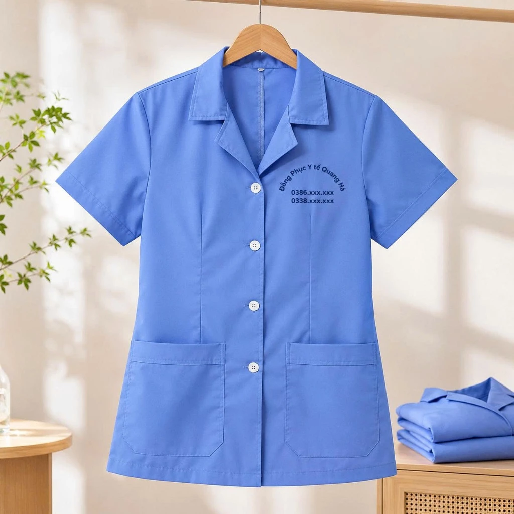 Bộ đồ công nghệ, tạp vụ, hộ lí cài khuy xanh biển nhạt có cổ